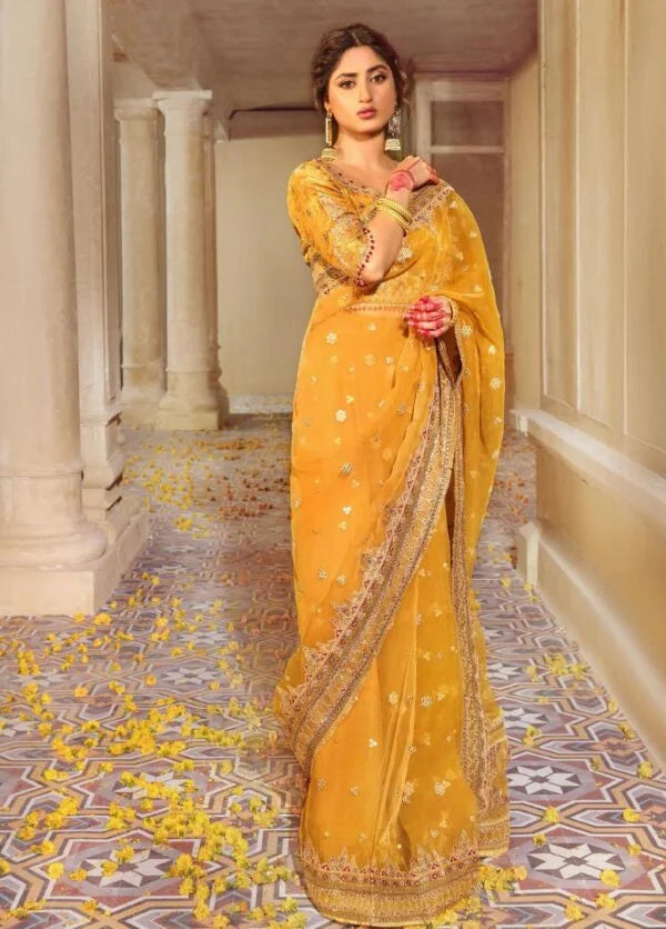 Qalamkar Embroidered Chiffon Suits Unstitched Saree – Festive Collection